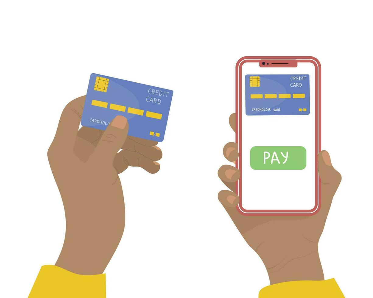 Person holding mobile phone with digital wallet app and credit card vector