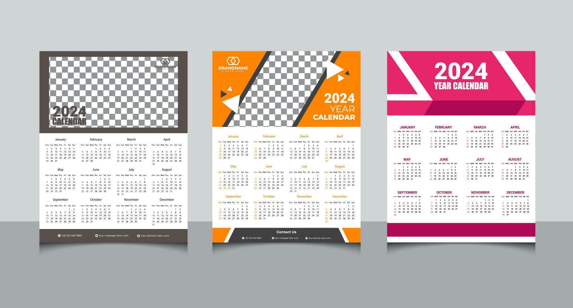 three sets one page Wall calendar design template for 2024-year, 2024
