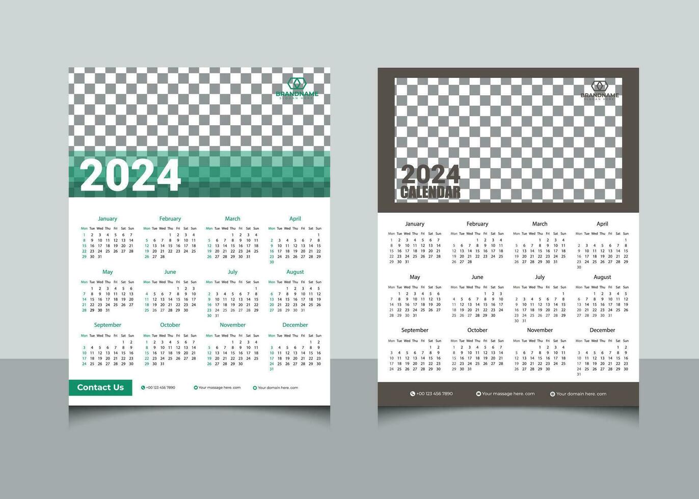 Upcoming 2024 One-page wall calendar two similar design template vector, 2024 one-page wall calendar design set vector