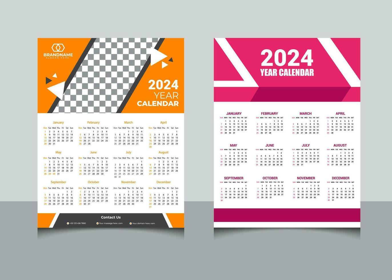 Upcoming 2024 One-page wall calendar two similar design template vector, 2024 one-page wall calendar design set vector