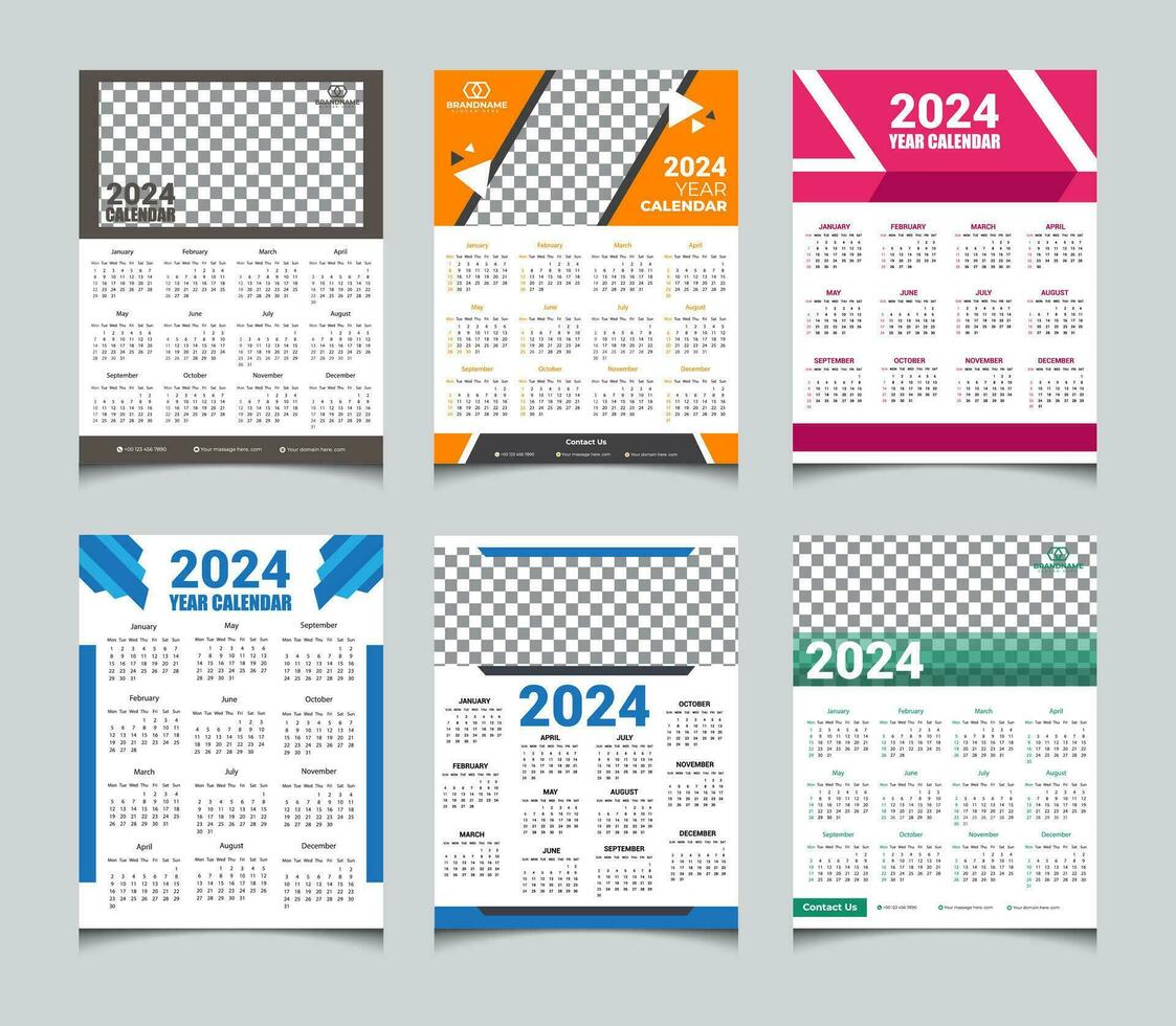 six sets one page wall calendar design 2024 years, 2024 wall calendar design vector template.