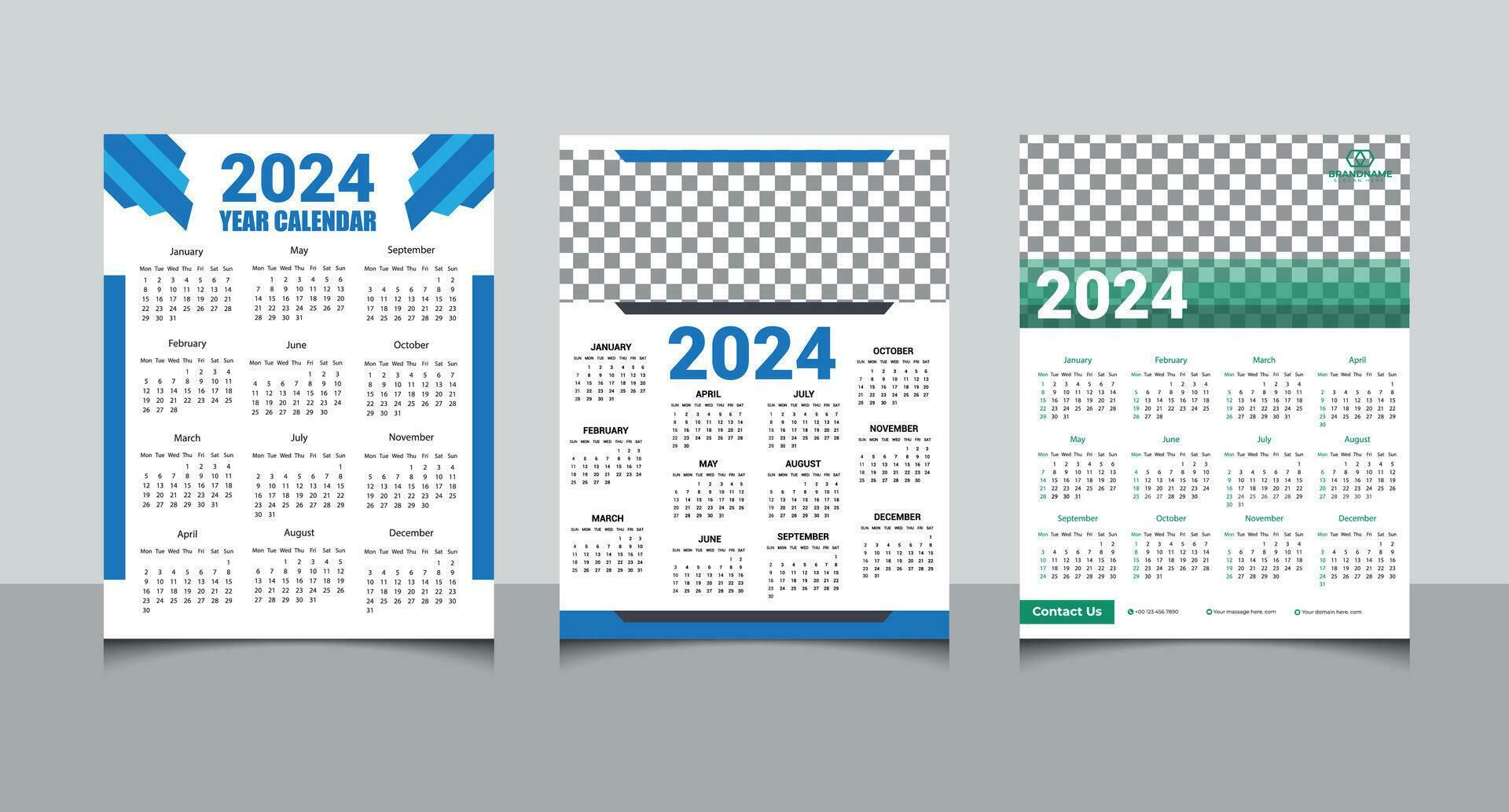 three sets one page Wall calendar design template for 2024-year, 2024