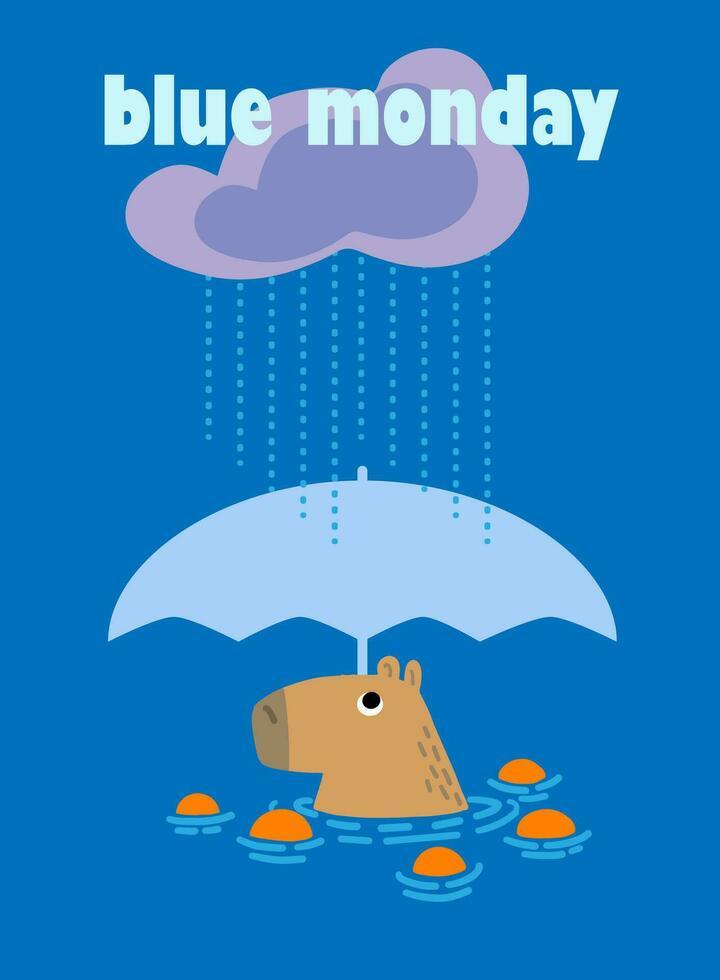 Blue monday in January. Design with text Blue Monday and sad capybara in flat style. Vector art