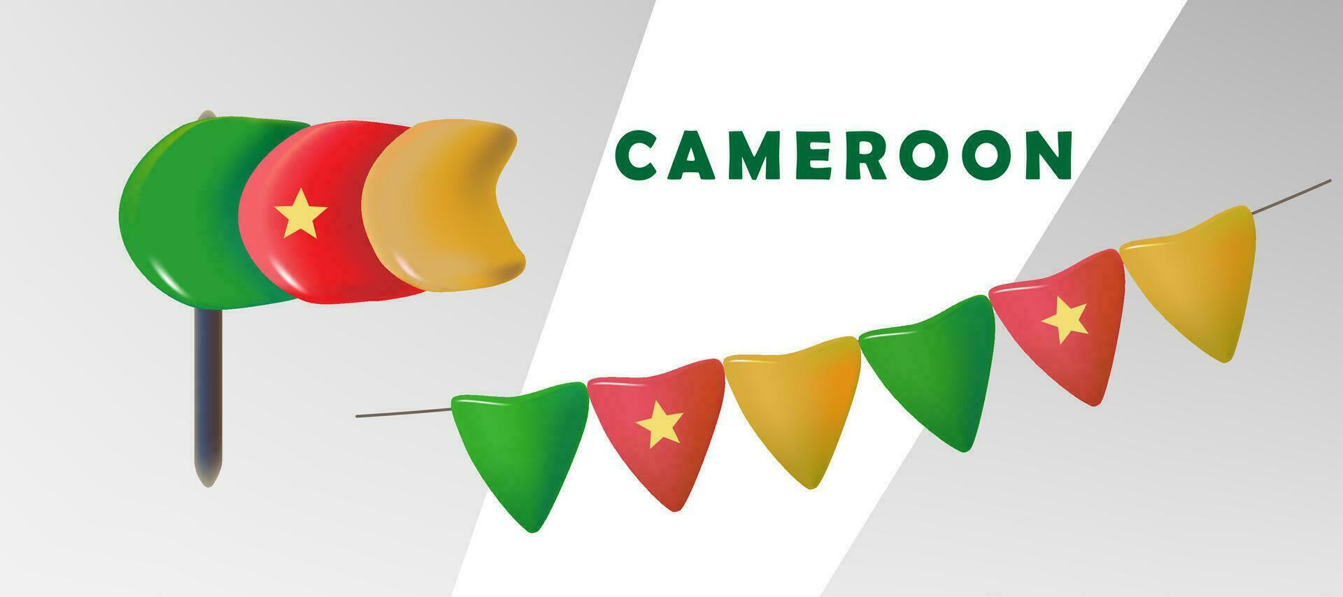 conjunto festivo banderas objeto para Camerún independencia día. brillante vector 3d dibujos animados ilustración en mínimo realista estilo.