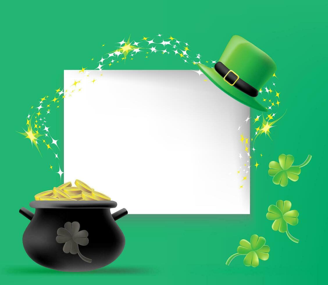 3d St.Patrick Day template with shamrock clower leaf, pot of gold and leprechaun hat. vector