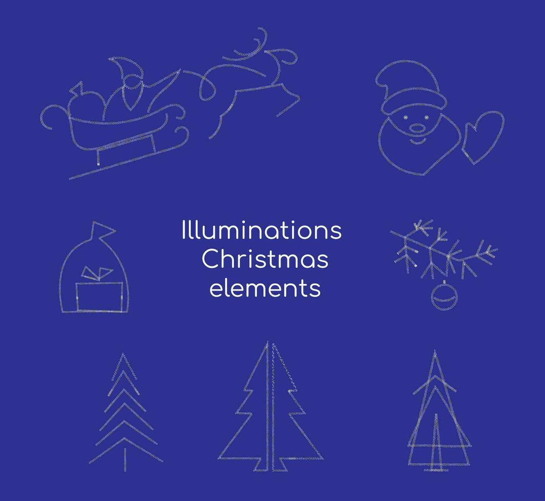 Christmas light set. Merry Christmas and Happy New Year. Set neon icon, label, emblem. Bright signboard, light banner. Vector illustration