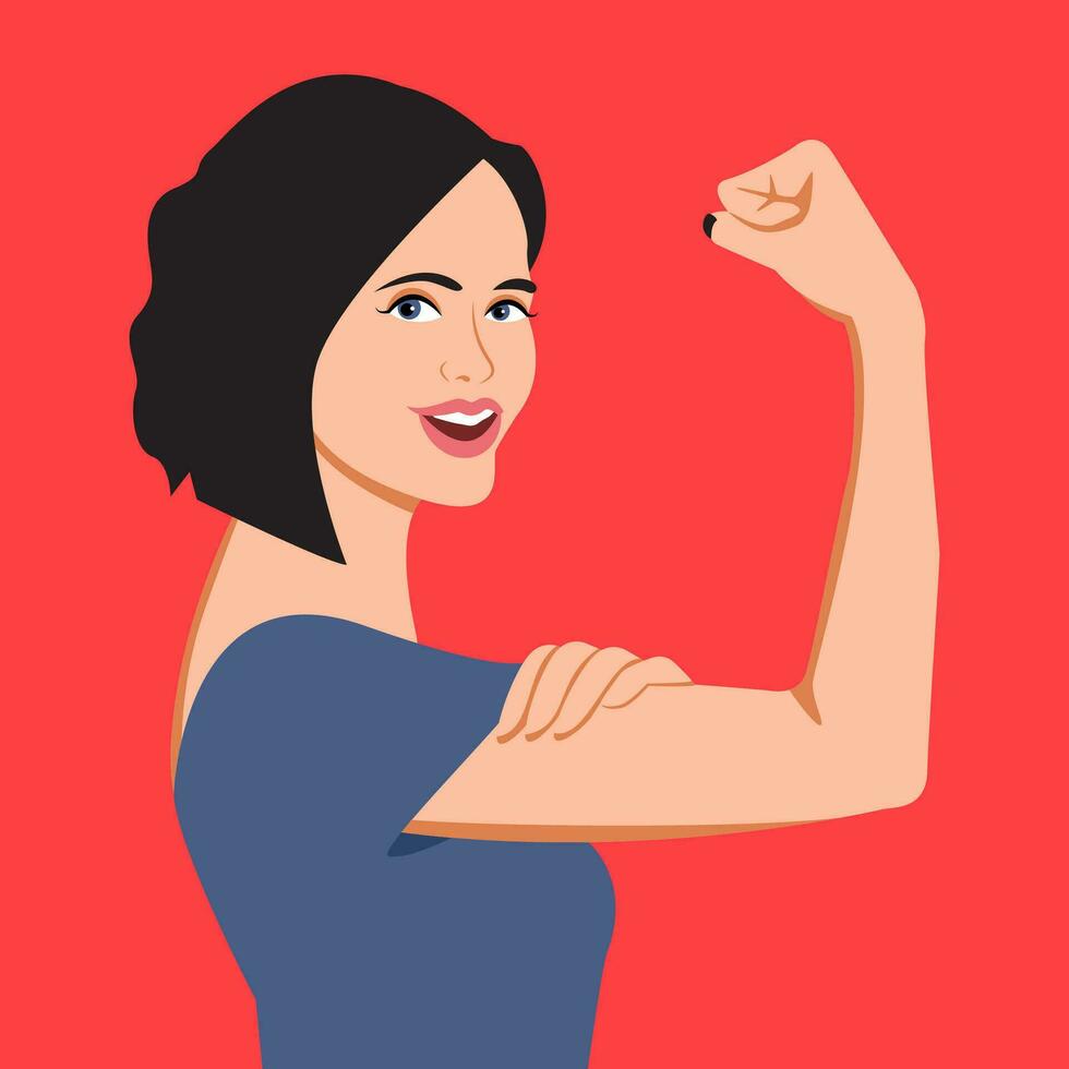 fuerte sonriente mujer demostración brazo y bíceps, a ilustrar fuerza concepto me gusta siendo un madre, un mujer de negocios vector