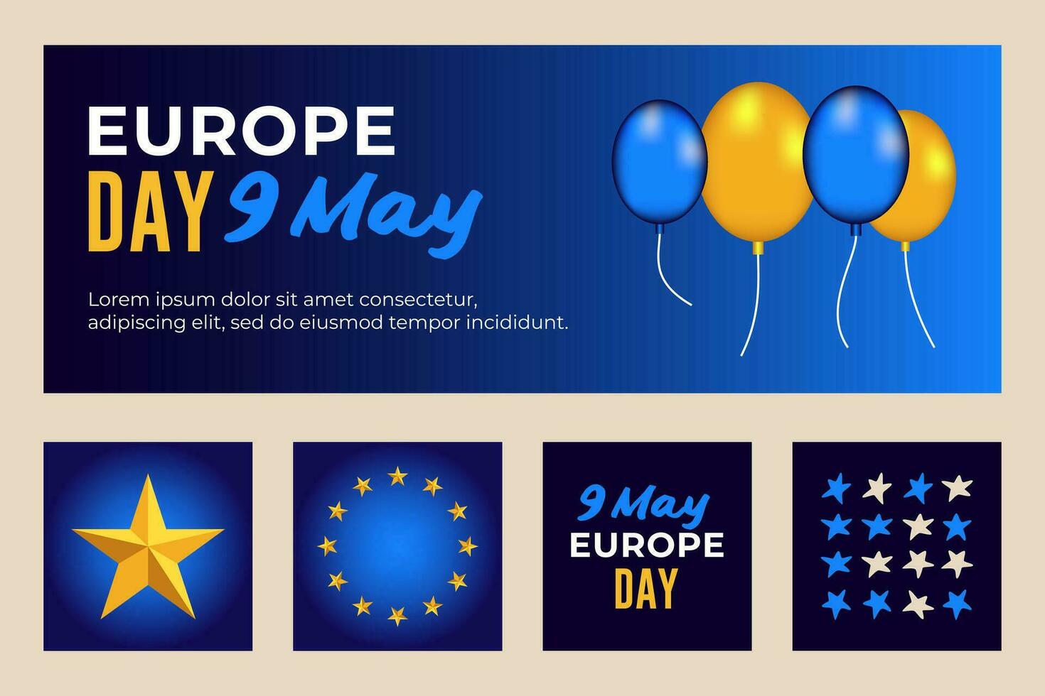 Europe day 9 may, flag, balloon, star, design elements for banner print and web use vector