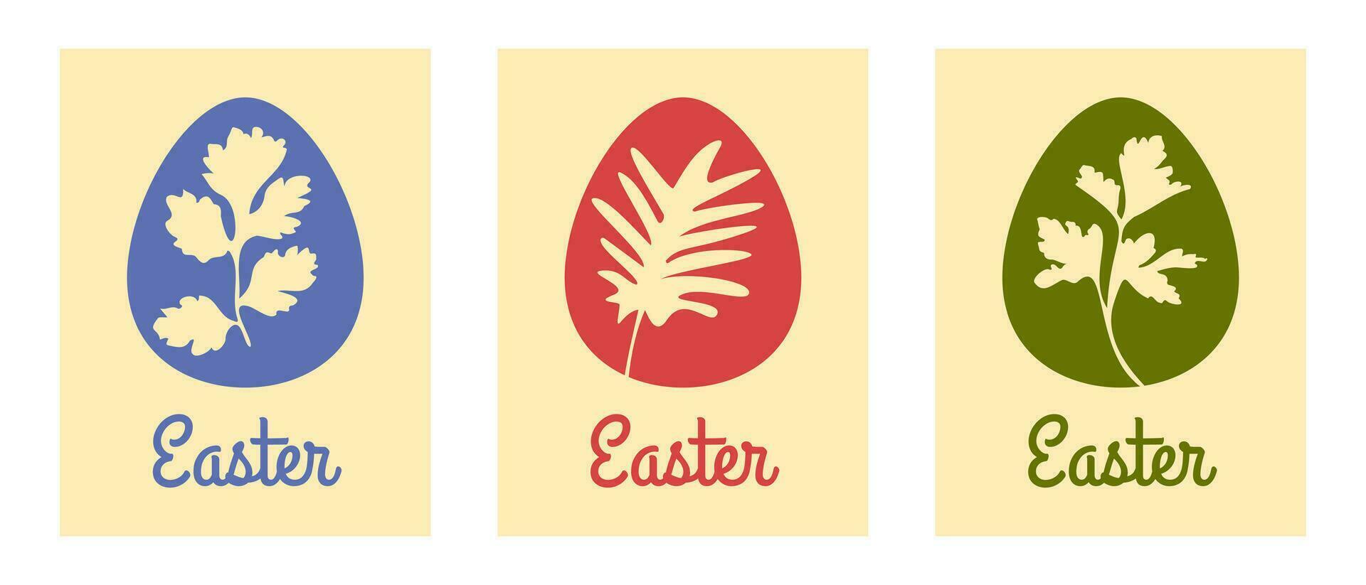 Traditional easter eggs coloring with leaves, set of drawing for illustration, logo, banner, print and web vector