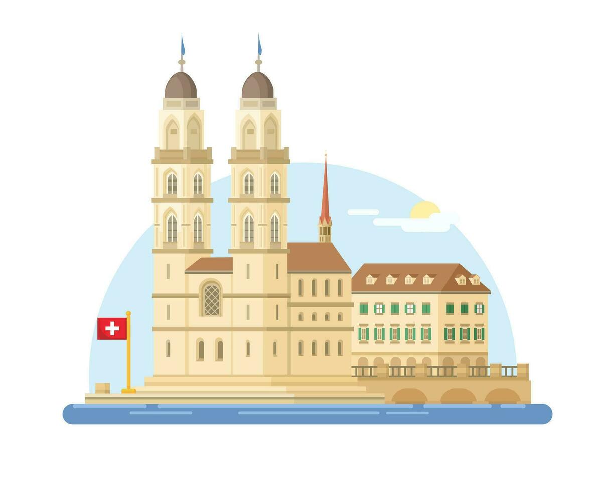 Grossmunster Protestant Church Landmark Building in Zurich, Switzerland Flat Design Vector