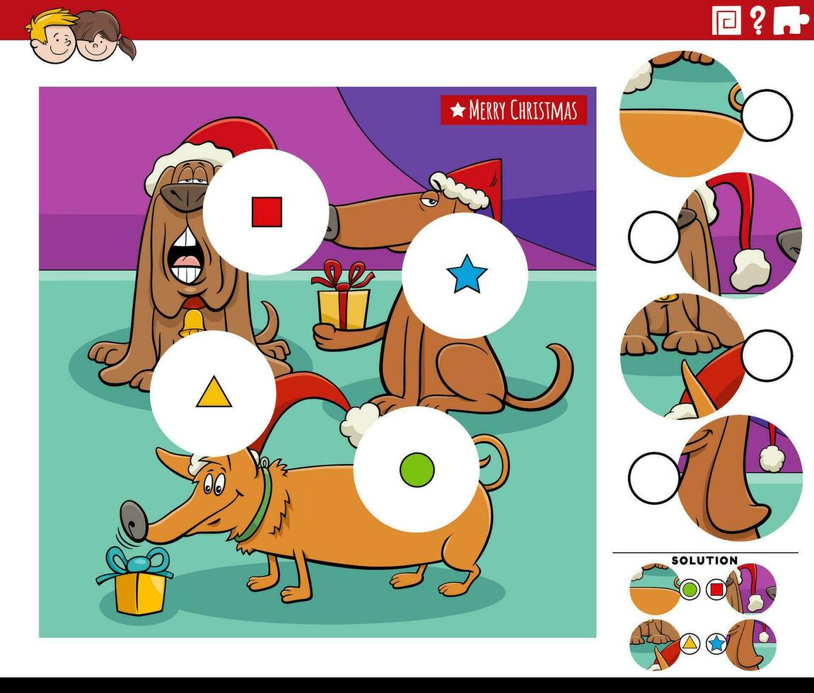 partido el piezas actividad con dibujos animados perros en Navidad vector