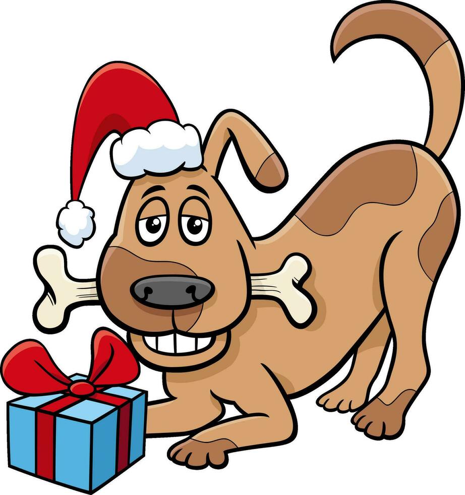 dibujos animados perro con presente y perro hueso en Navidad hora vector