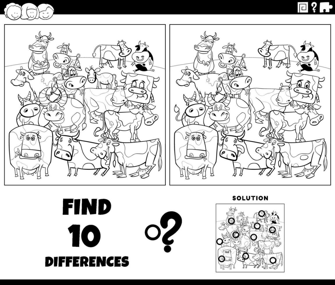 differences game with cartoon farm cows coloring page vector