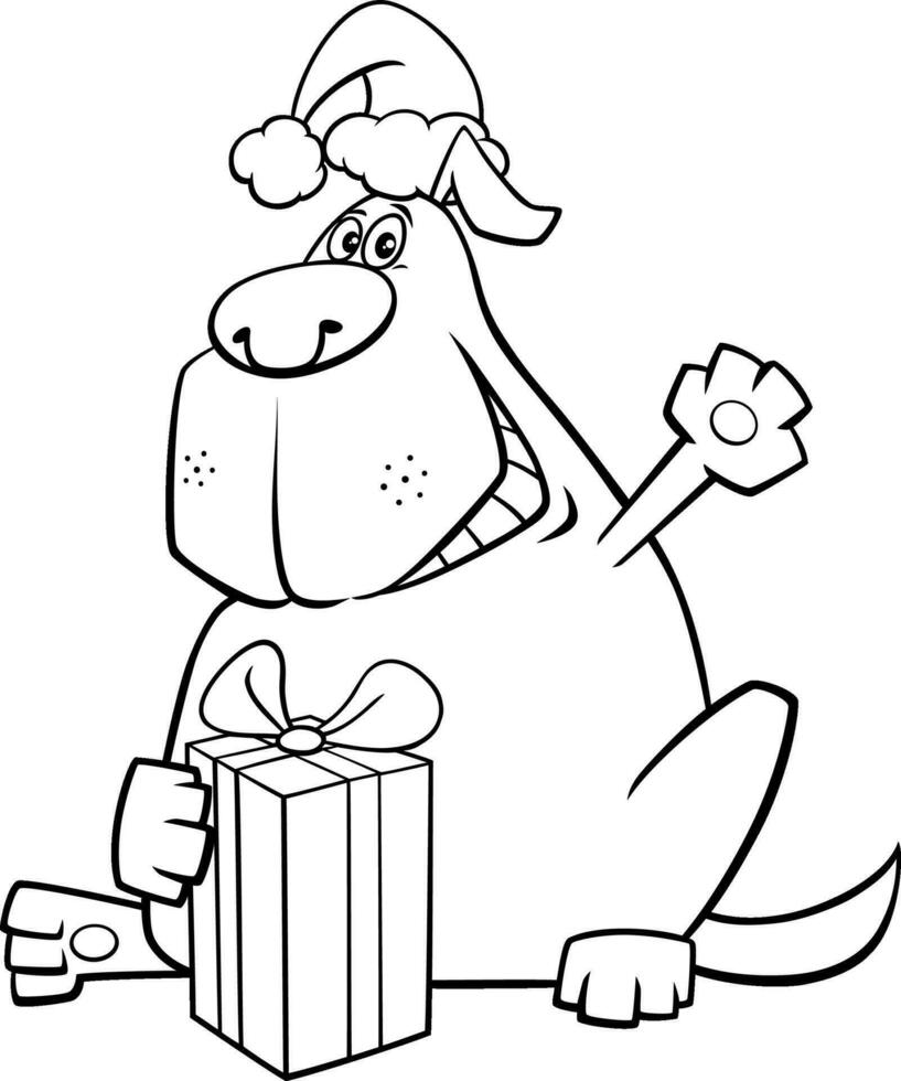 funny cartoon dog with Christmas gift coloring page vector