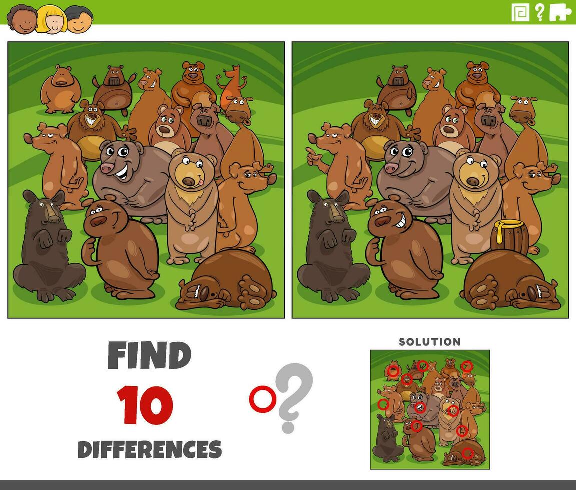 differences activity with cartoon bears animal characters vector