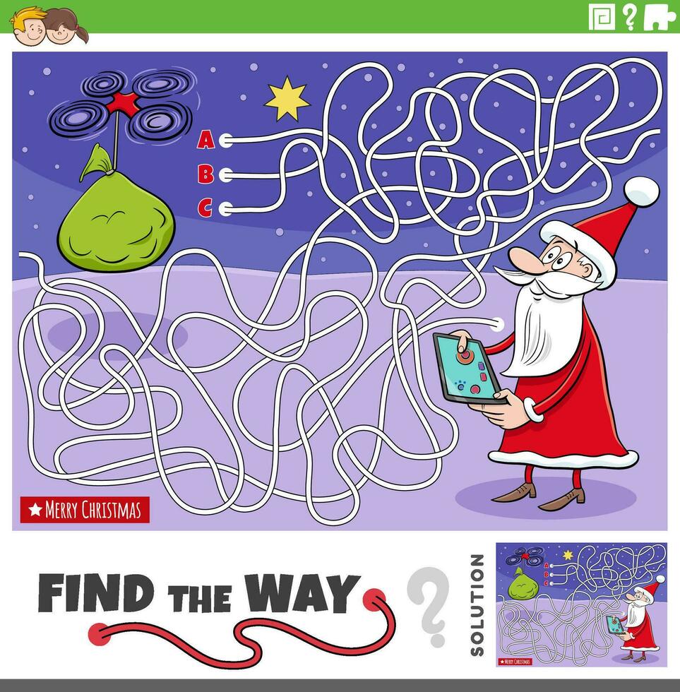 maze game with cartoon Santa Claus with drone and sack of gifts vector