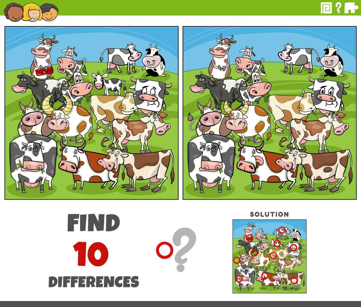 differences activity with cartoon cows farm animals vector