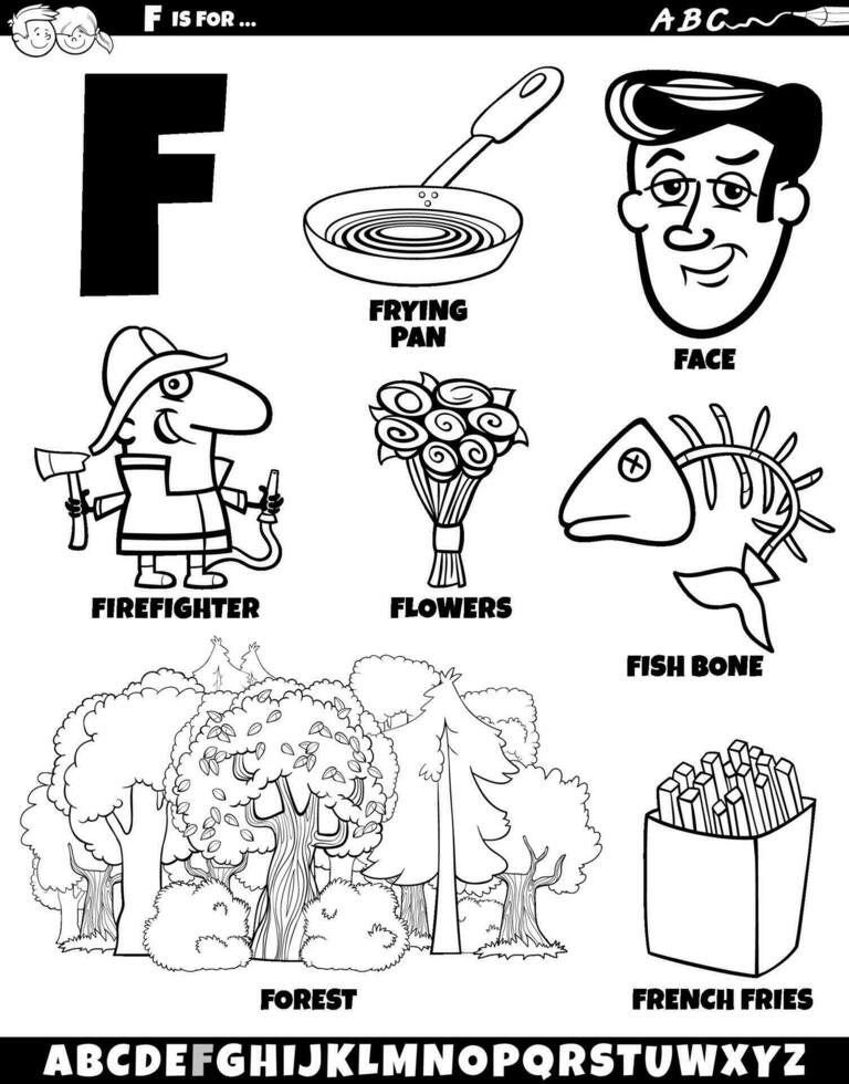 Letter F set with cartoon objects and characters coloring page vector