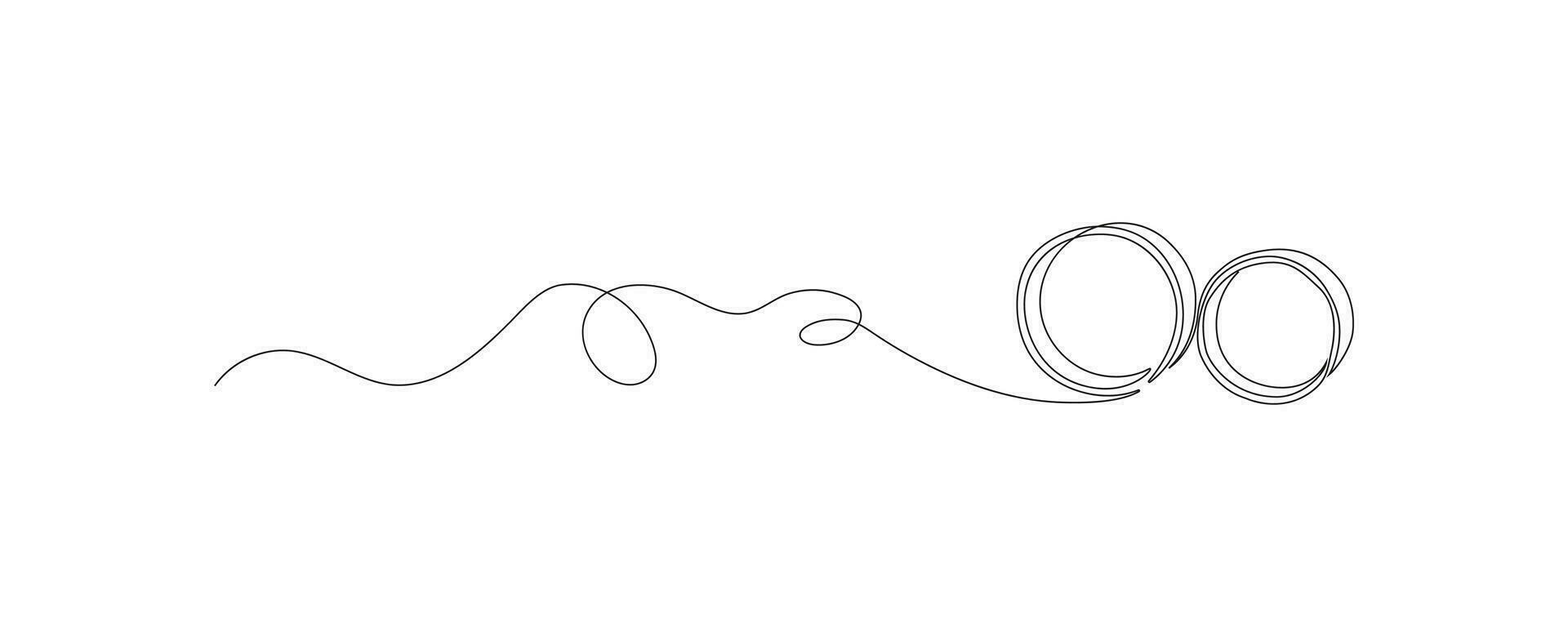 One continuous line drawing of two wedding rings. Subtle swirls and romantic symbols in a simple linear style. Editable stroke. Minimalistic Doodle vector illustration.