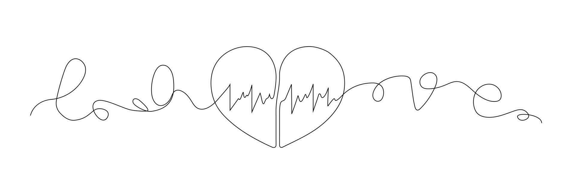 One continuous line drawing of two halves of a heart. Subtle swirls and romantic symbols in a simple linear style. Editable stroke. Minimalistic Doodle vector illustration.