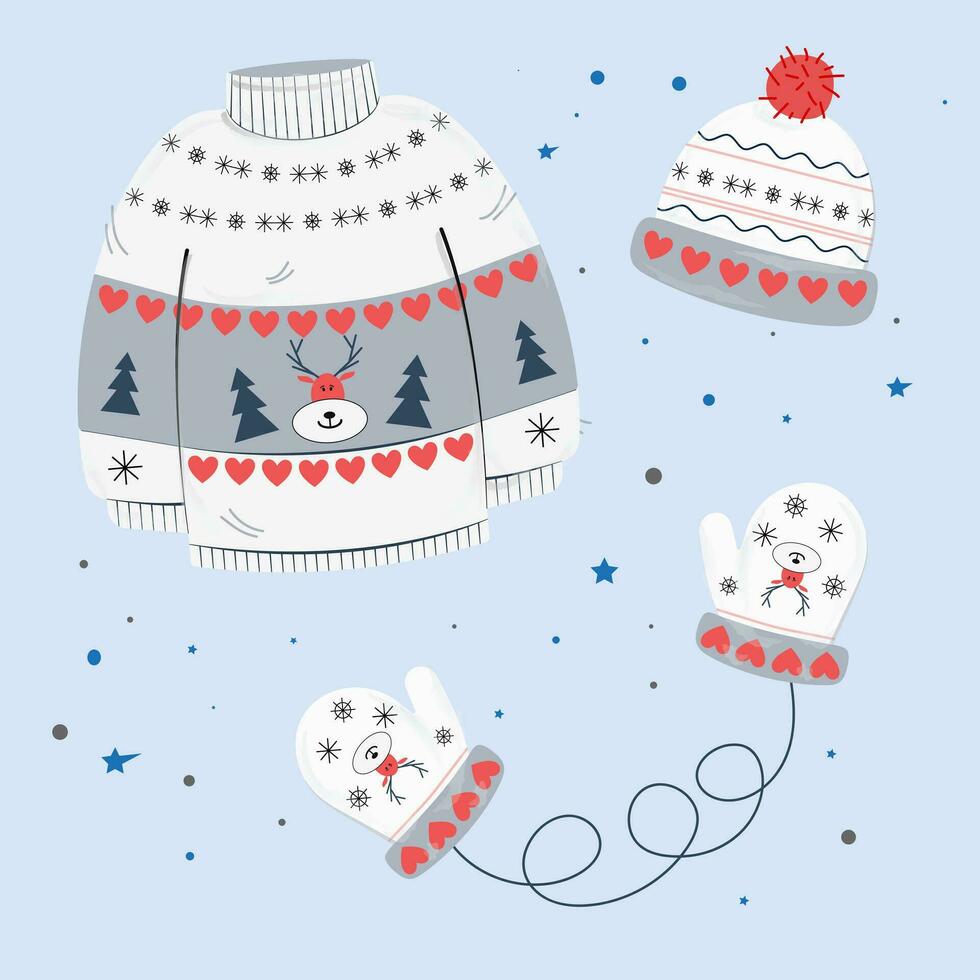 Vector illustration of winter clothes collection. Knitted hat, hand gloves, sweater in Christmas style isolated on background in cartoon flat style. Traditional Accessories with Ornament.
