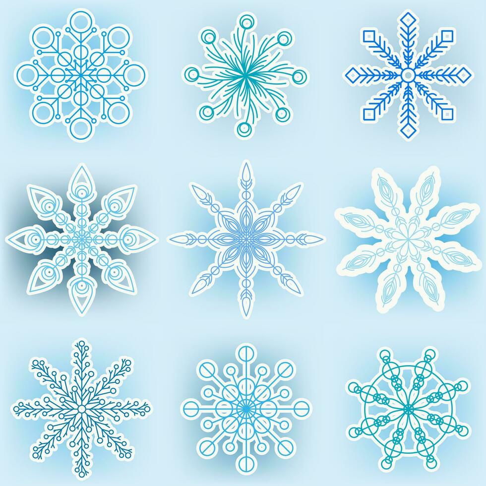 Navidad ilustración. nueve vector florido copos de nieve en azul degradado antecedentes.