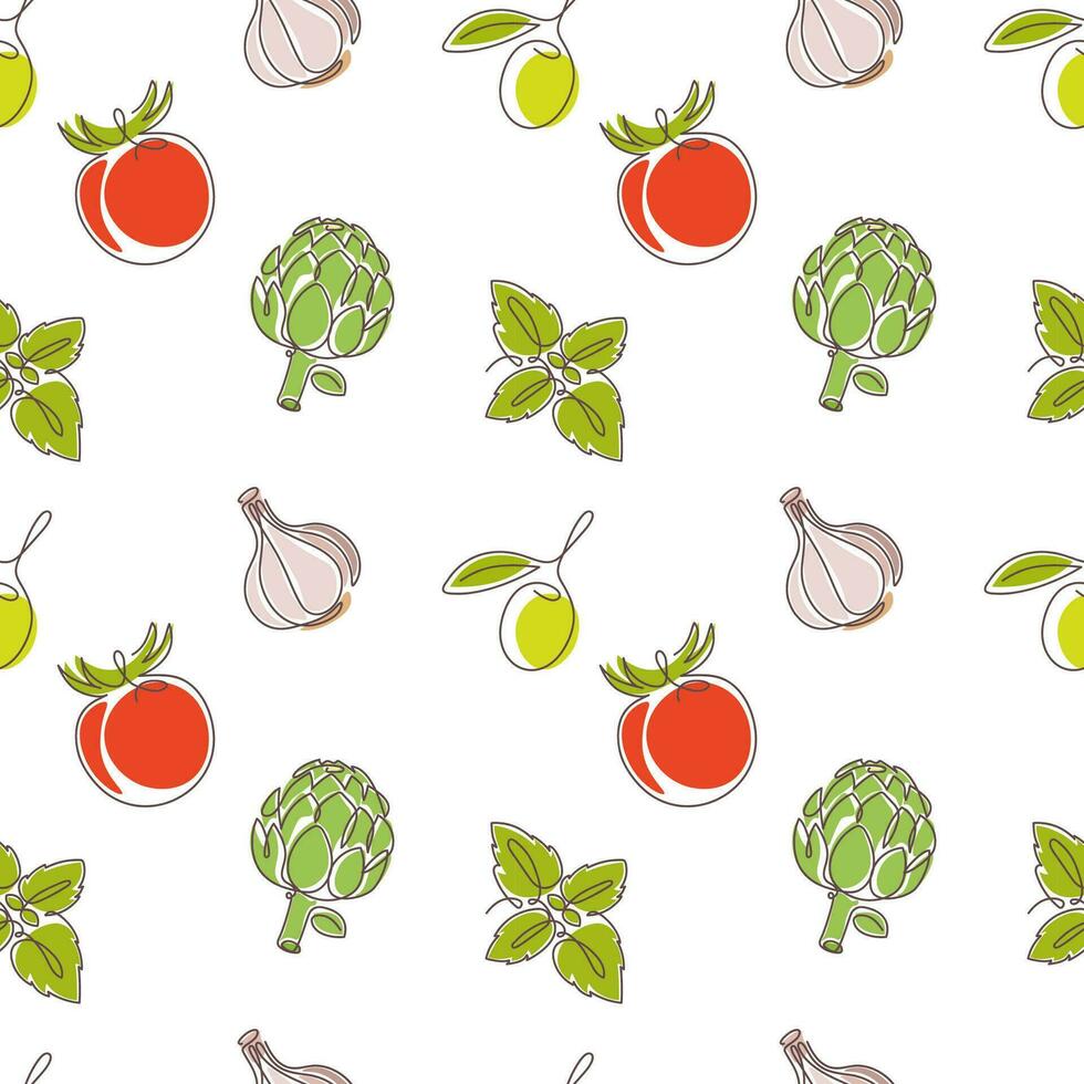 Italian cuisine ingredients seamless pattern - tomato, basil, olive, garlic, artichoke. Food seamless vector pattern. Line art style