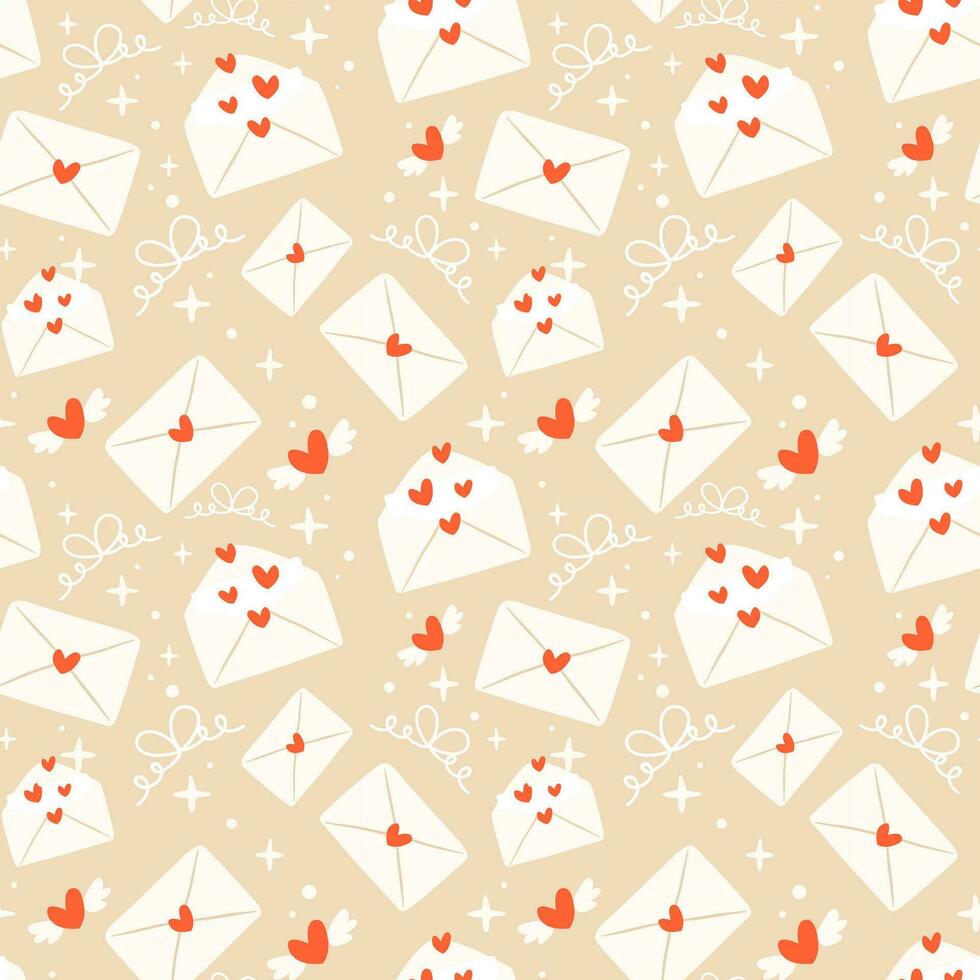 Cute seamless pattern with envelope, hearts and bows. Hand drawn Valentine's day vector pattern. Perfect for wrapping paper and textile