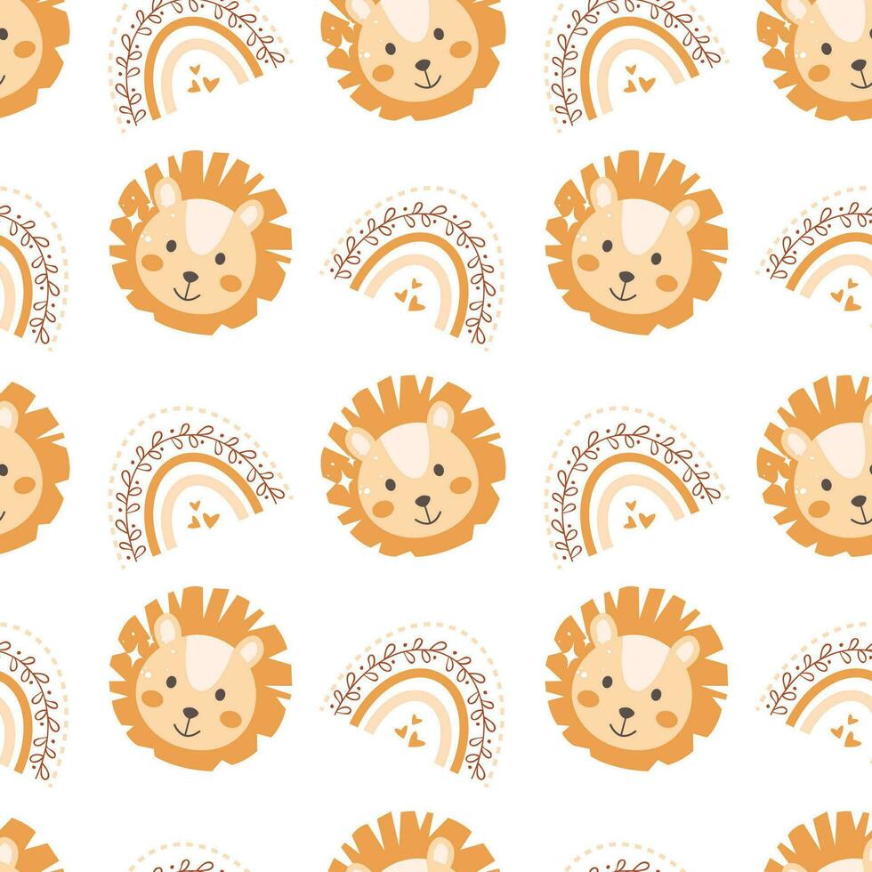 Cute seamless pattern with lion face and boho rainbow. Childish seamless vector pattern. Perfect for textile, wrapping paper, fabric