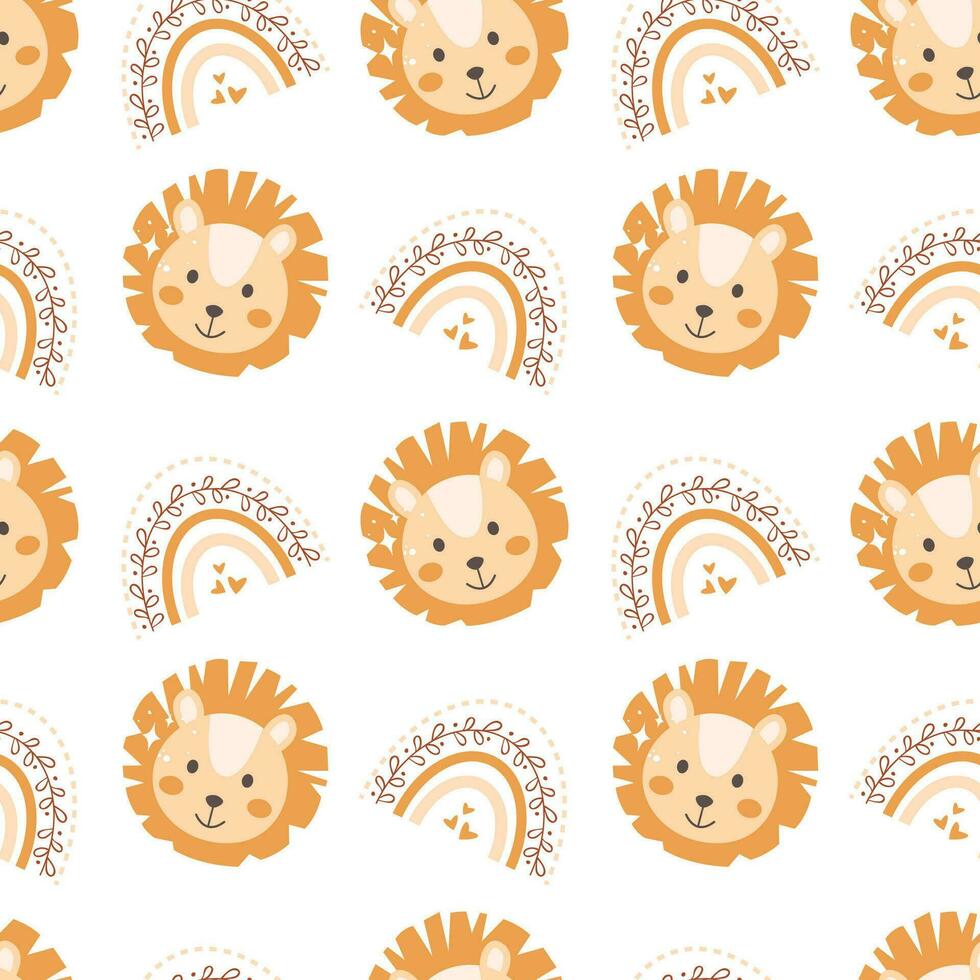 Cute seamless pattern with lion face and boho rainbow. Childish seamless vector pattern. Perfect for textile, wrapping paper, fabric