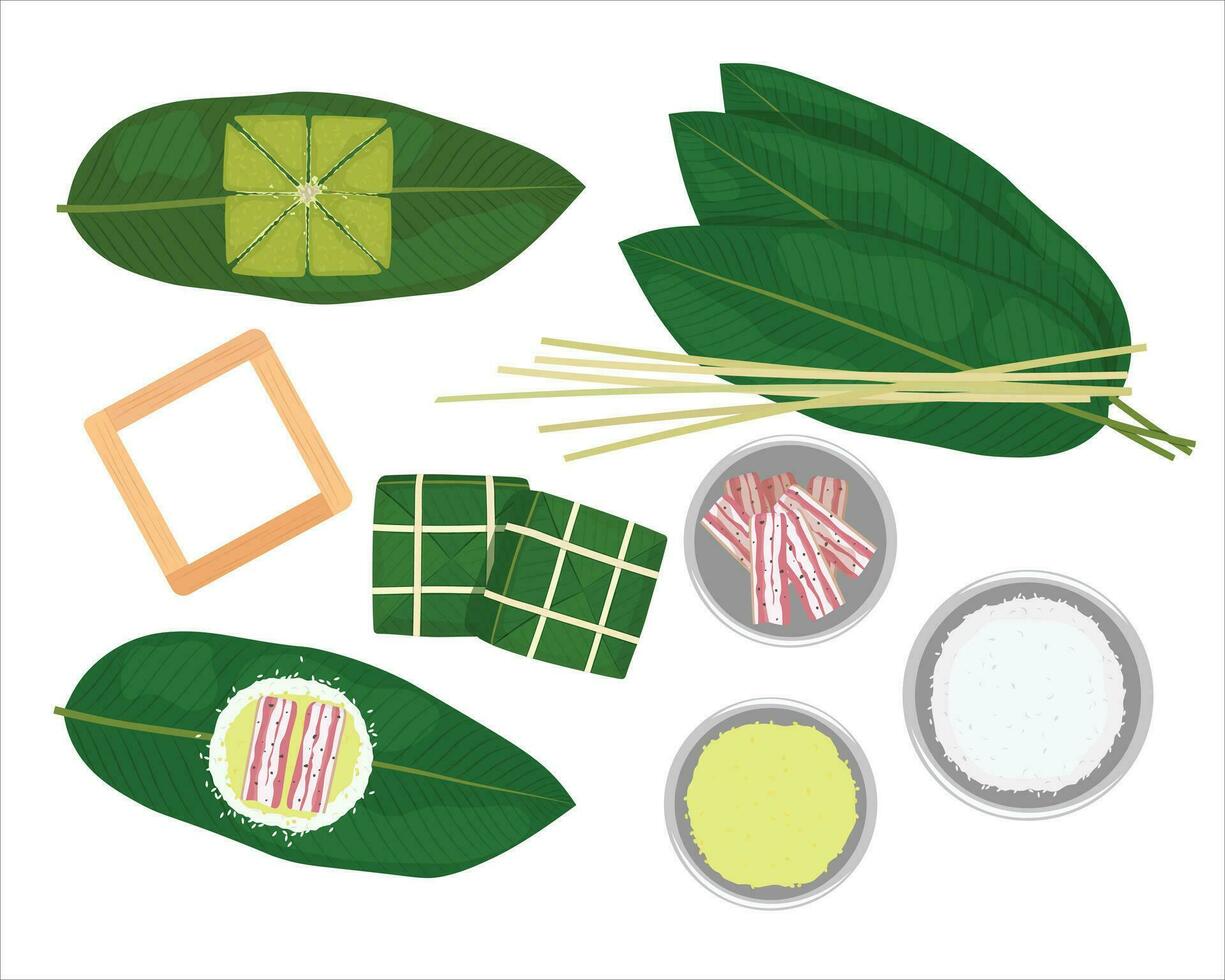 Set of ingredients for making Sticky rice cake, Banh chung, chung cake. Sticky rice, mung beans, pork belly, pepper, dong leaves, bamboo strings, wooden square mold. Elements for Tet holidays concept. vector