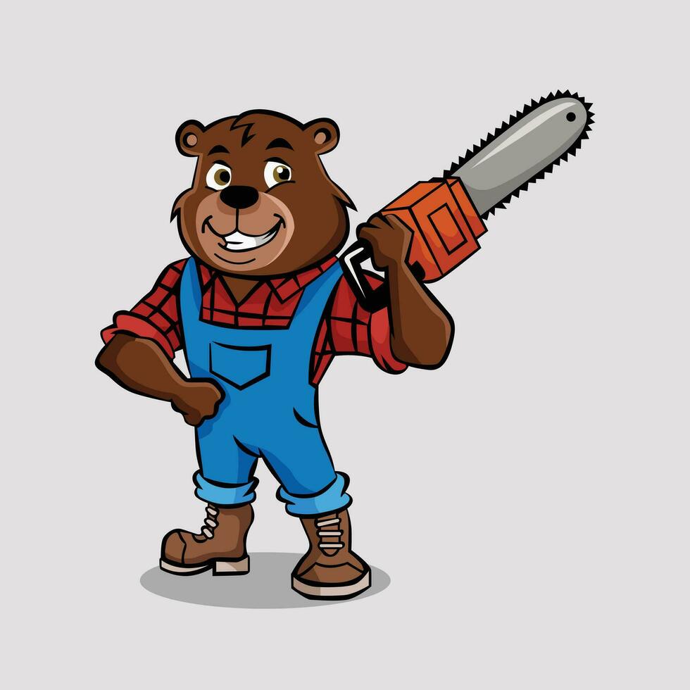 Illustration of a Cute Bear Wearing Workwear Holding a Chainsaw vector