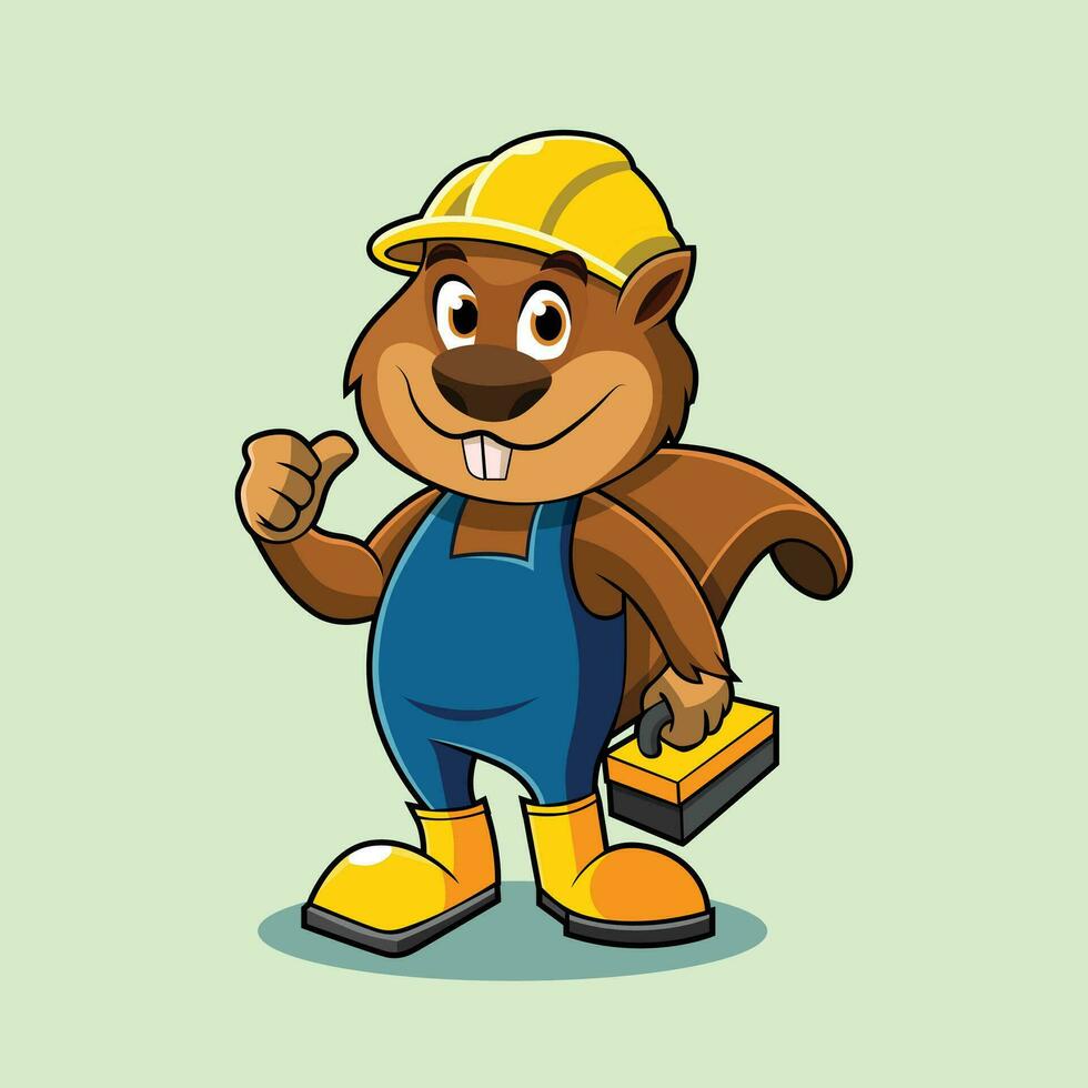 Cartoon Beaver Cheerful Character with Construction Tools, Vector illustration
