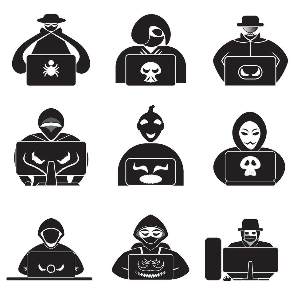 hacker black flat icon set,Computer hacker icon vector