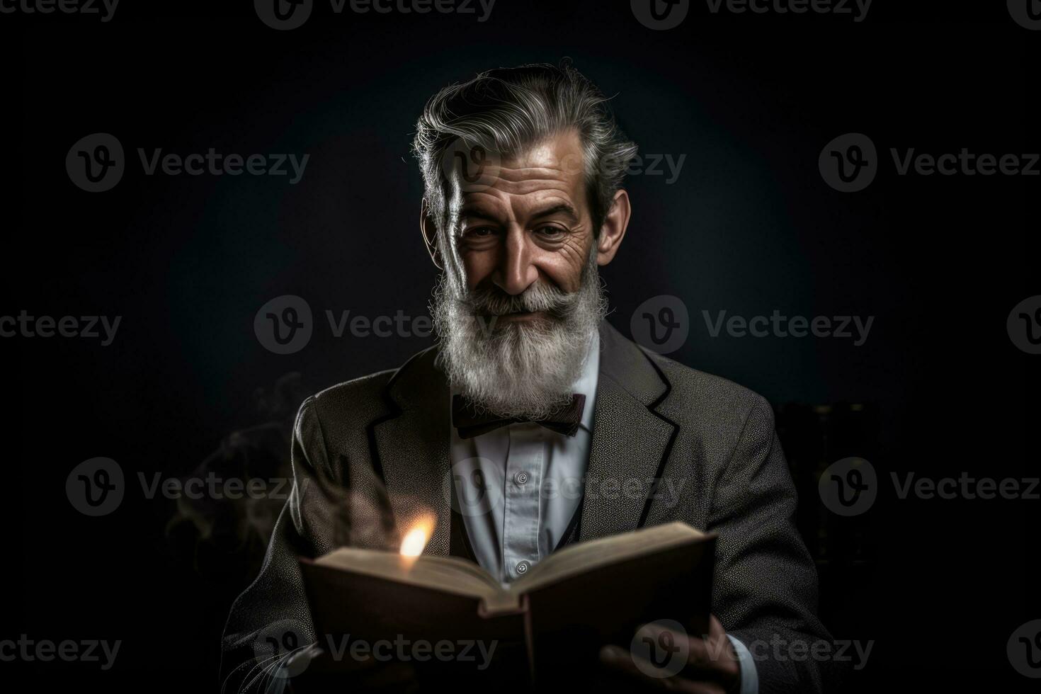 AI generated a bearded man wearing a suit and a bow tie, sitting down and reading a book with a focused expression. The man is engrossed in the content of the book, and it appears as though he might be burning the midnight oil. photo