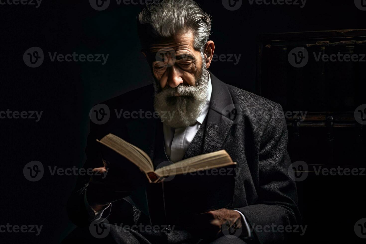 AI generated a wise old man with a beard, sitting in a dark room and reading a book. The man appears to be fully engrossed in the book, which seems to be the focal point of the scene. photo