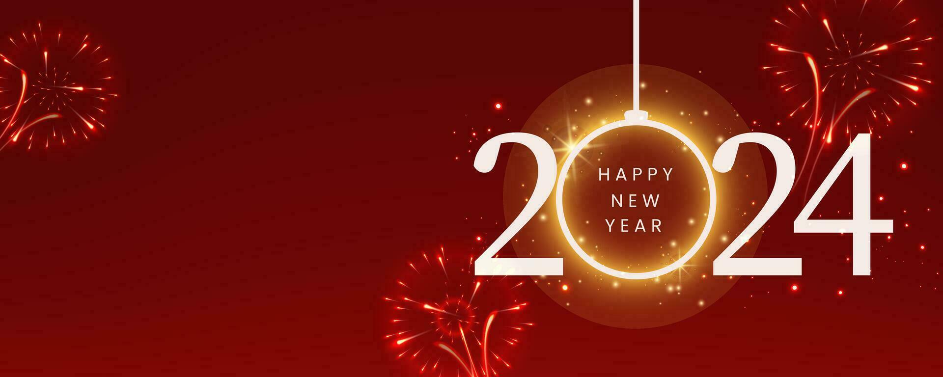 New Year firework and golden numbers 2024, red background. Celebration New Year's Eve. banner or greeting card for Merry Christmas and happy new year, Vector illustration.