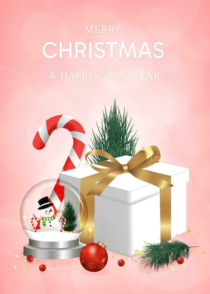 Happy New Year background. transparent christmas balls with star and box of gifts strewn with snow on pink background, realistic 3d decorative garland glow. Xmas Decorations. Vector illustration