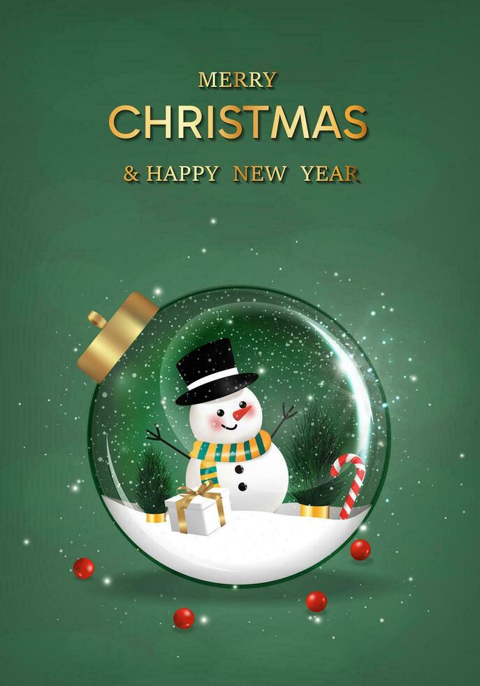 Happy New Year background. transparent christmas balls with star and box of gifts strewn with snow on green background, realistic 3d decorative garland glow. Xmas Decorations. Vector illustration