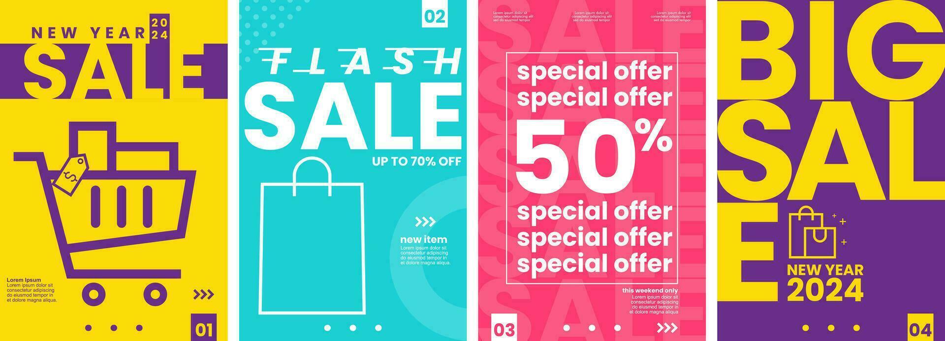Special Flash Big Sale New Year 2024. Set of 4 minimalist typography background vector illustration template, flat style. Suitable for poster, cover, web, ads, social banner, or flyer