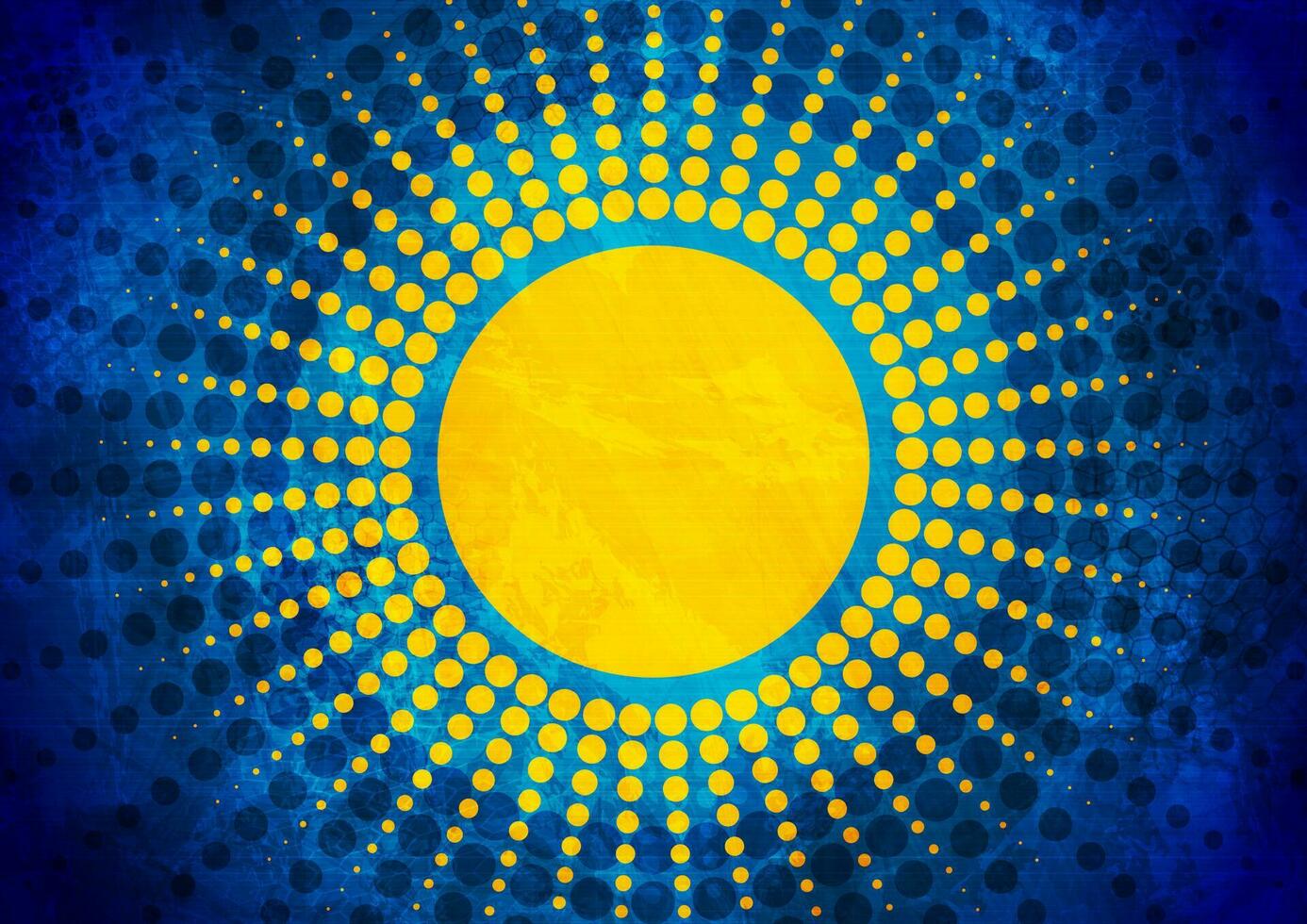 Grunge halftones circle sun and beams abstract background vector