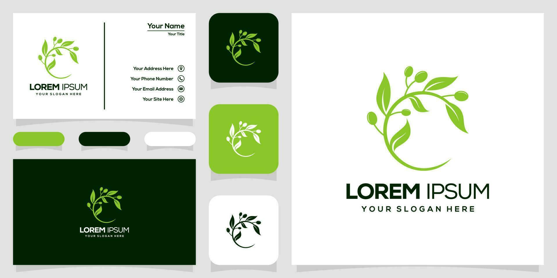 a green logo and business card set with olive branch vector