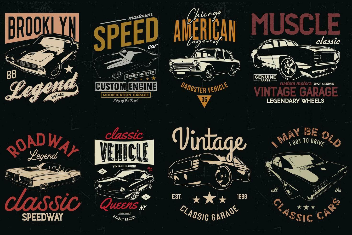 Clásico coche camisetas diseños manojo. americano antiguo clásico carros camiseta. vector