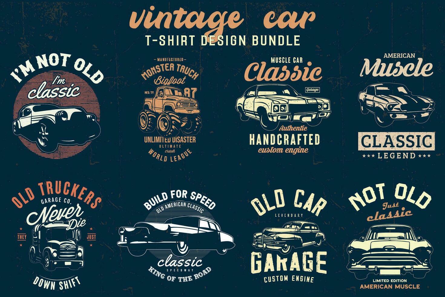 Vintage Car T-shirt Designs Bundle. Classic cars t-shirt vector graphic.