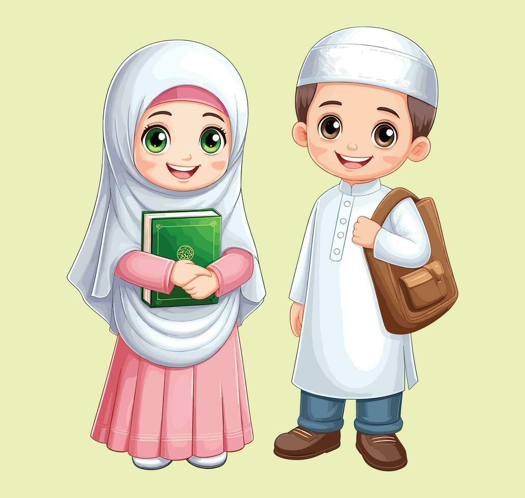 Muslim boy and girl cute cartoon illustrationMuslim boy and girl cute cartoon illustration vector