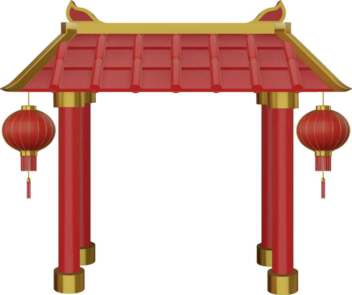 3d chinese temple gate with lanterns vector