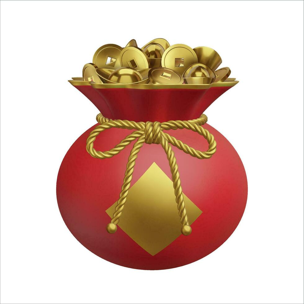 chinese lucky bag with gold coins and ingots vector