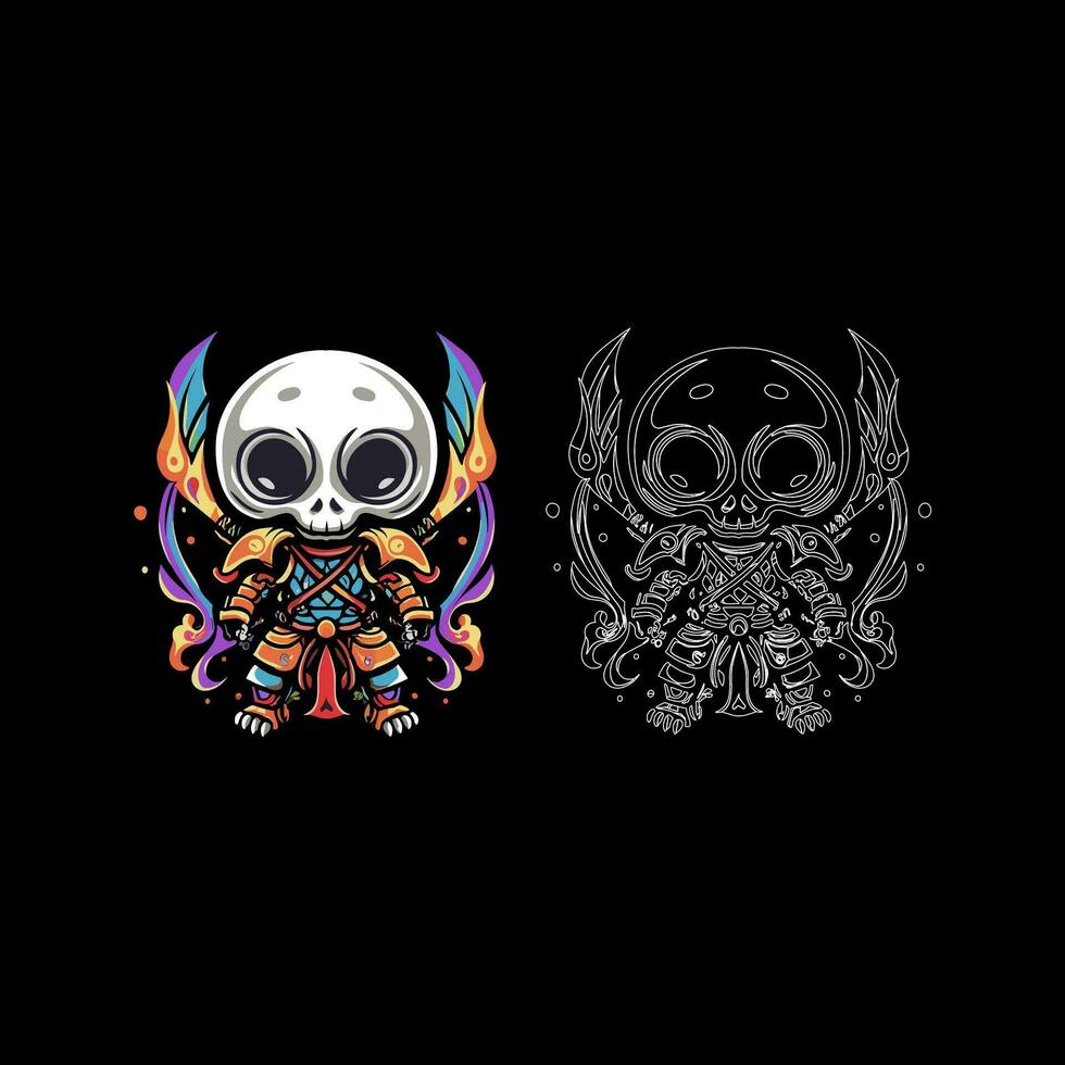 Skull with crossed swords. Vector illustration in cartoon style for stickers and t-shirts