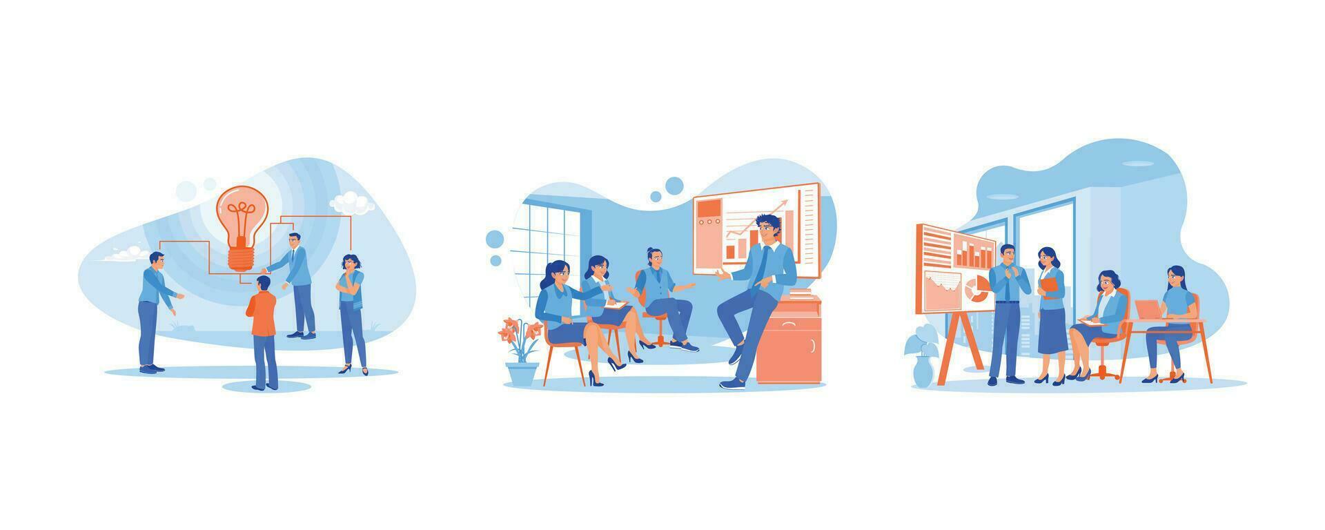 Exchange thoughts and ideas. Describes a new work project. Discuss office financial statistics. Briefings concept. set trend modern vector flat illustration