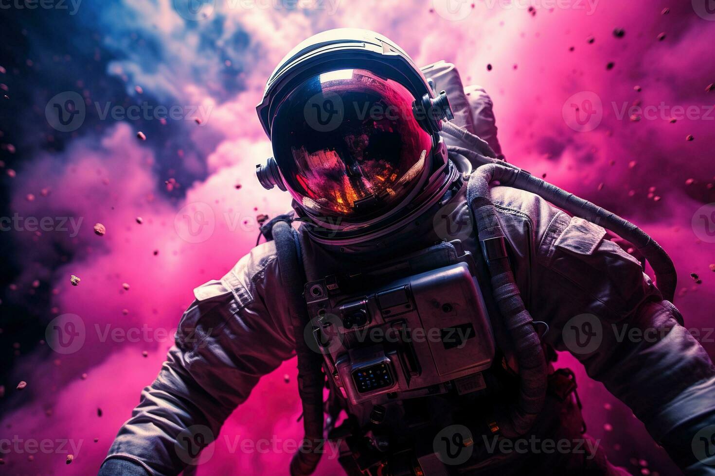 AI generated astronaut in a spacesuit and helmet against a background of pink nebula photo